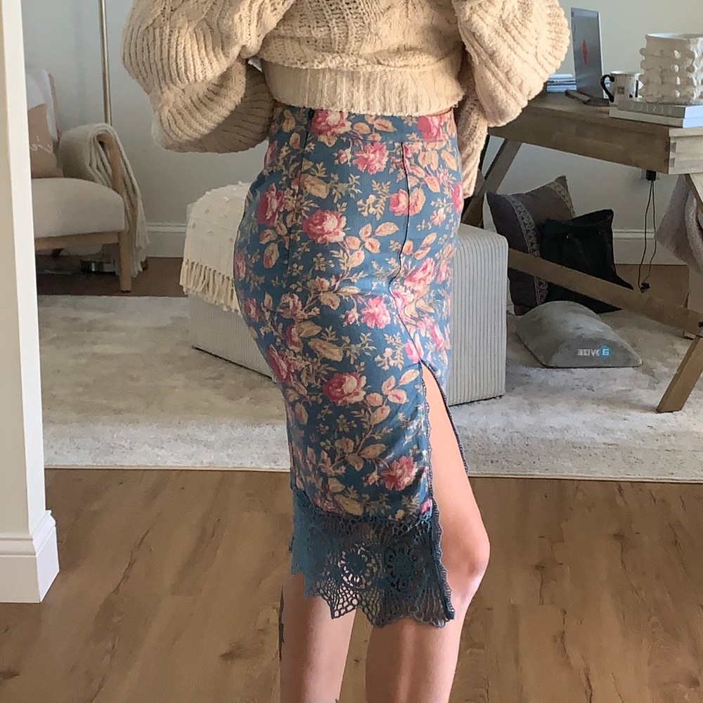 Free People Floral Print Crochet Midi Skirt